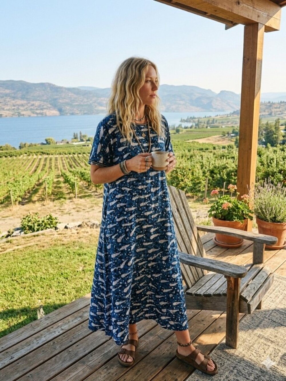 Vintage Cotton Batik Maxi Kaftan Dress Hidden Front Zipper Blue White Abstract